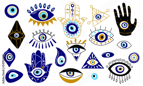 Doodle evil eye. Cartoon traditional Turkish luck amulets contemporary style, magic Hamsa hand talisman spiritual esoteric souvenirs. Vector set