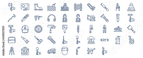Collection of icons related to Construction tools, including icons like Axe, Blueprint, Brick, Building and more. vector illustrations, Pixel Perfect set