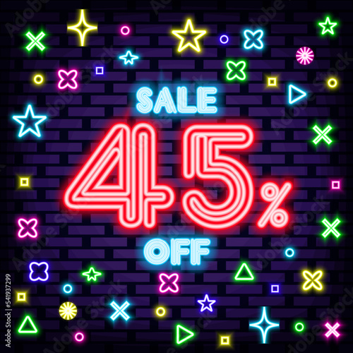 Sale 45% off Neon signboards. Bright signboard. Night bright advertising. Bright colored vector. Vector Illustration