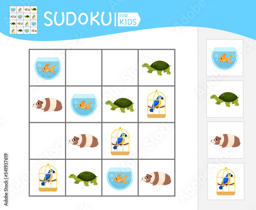 Sudoku game for children with pictures. Kids activity sheet. Cute cartoon pet.