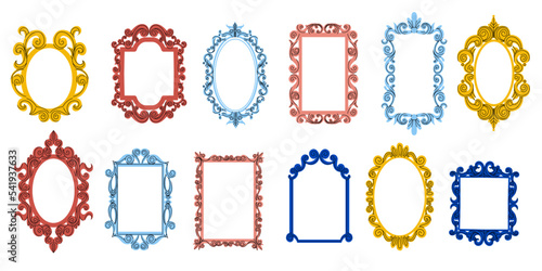 Doodle mirror frames. Antique ornate decorative borders, modern elegant maiden photo frame design cartoon style. Vector isolated collection