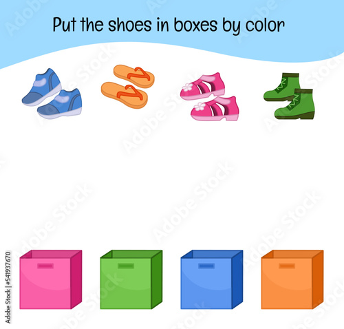Matching children educational game. Put the shoes into boxes by color. Activity for pre sсhool years kids and toddlers.