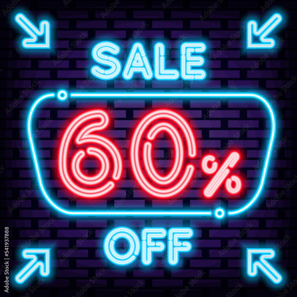 Sale 60% off Neon quote. Neon script. Announcement neon signboard. Trendy design elements. Vector Illustration Sale 60% off Neon quote. Neon script. Announcement neon signboard. Trendy design elements. Vector Illustration