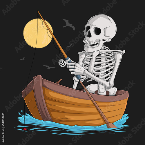 Hand drawn funny skeleton fishing in lake on his old wooden boat against the sun and flying birds