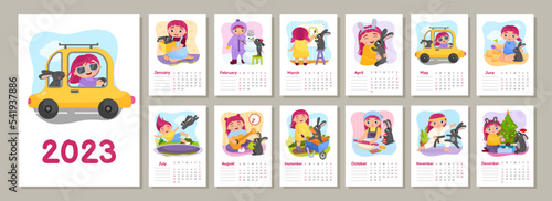 Vector vertical calendar new year 2023. Cartoon cute illustrations of girl and black rabbit. Symbol of the Chinese New Year. Week starts on sunday
