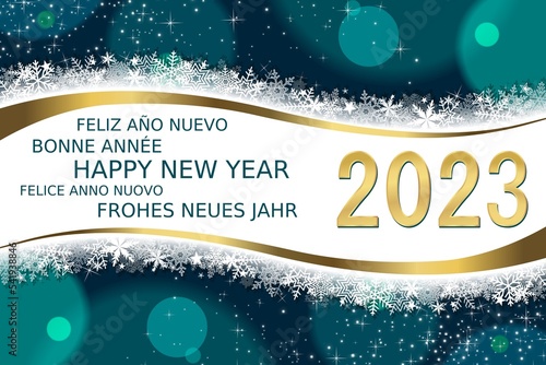 Greeting card with text Happy New Year 2023 in different languages 