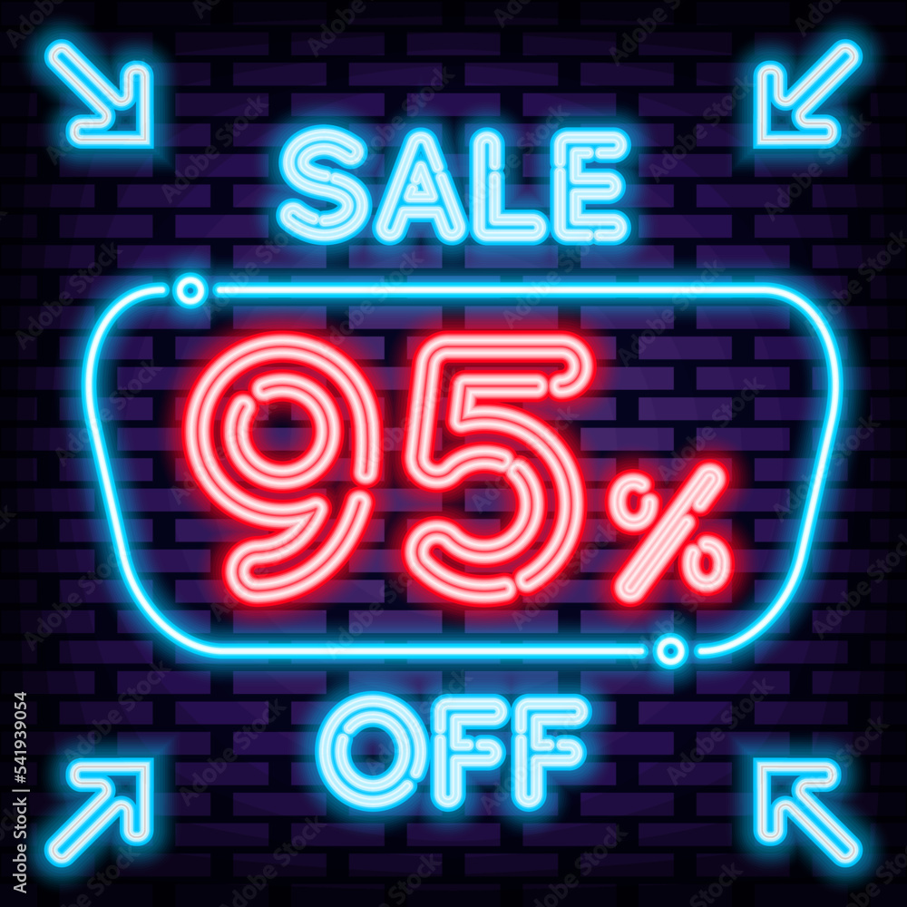 Sale 95% off Neon signboards. Bright signboard. Night bright advertising. Trendy design elements. Vector Illustration Sale 95% off Neon signboards. Bright signboard. Night bright advertising. Trendy design elements. Vector Illustration