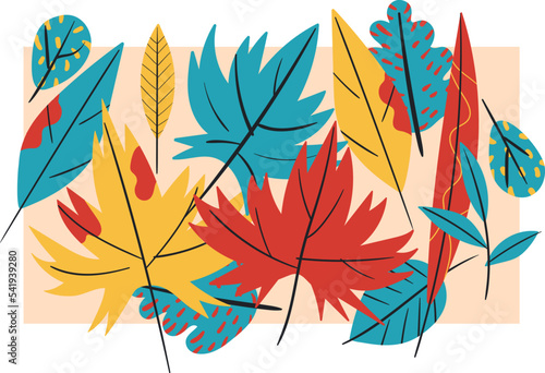 Autumn leaf applique, vector flat illustration, punchy forms and colors that demand attention, seamless