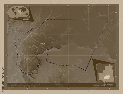Tagant, Mauritania. Sepia. Labelled points of cities photo