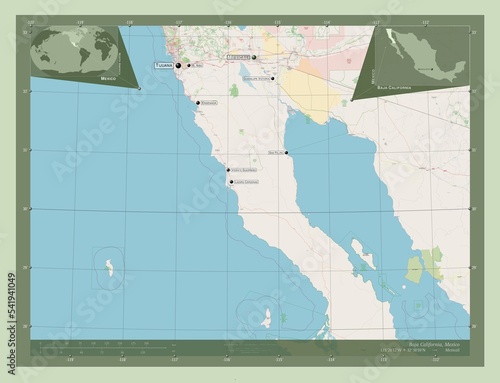 Baja California, Mexico. OSM. Labelled points of cities