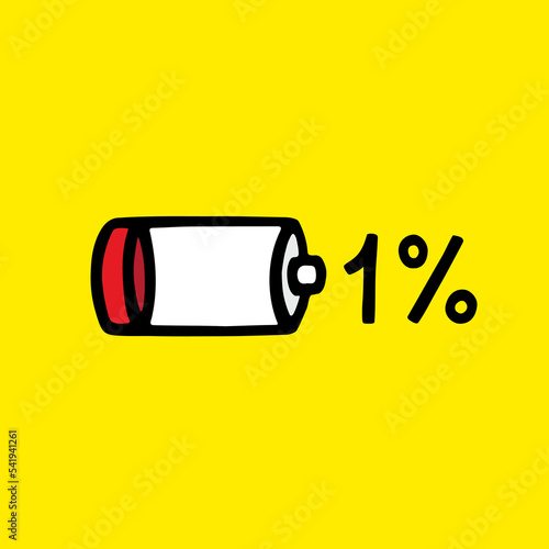 Low battery level doodle. 1% battery life cartoon drawing. Vector illustration.