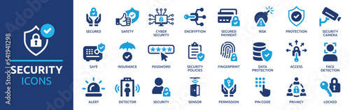 Security icon set. Containing secured payment, encryption, safety, insurance, data protection, detector, sensor, locked, password and cybersecurity icon. Solid icon collection. photo