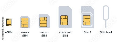 Set of different SIM cards. Simple icons of sim cards and sim tool isolated. photo