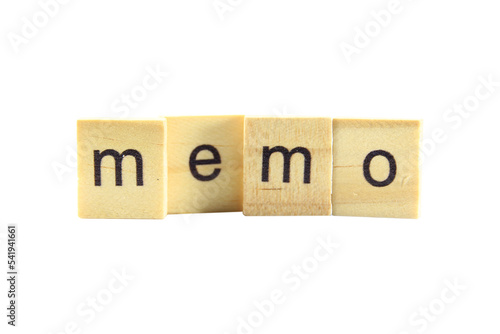 Short word or English letter "memo" on a small wooden block isolated on white background wiht clipping path.