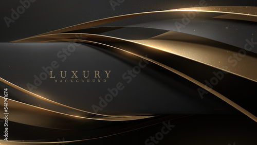 Black luxury background with golden ribbon elements and glitter light effect decoration and stars. Vector illustration.