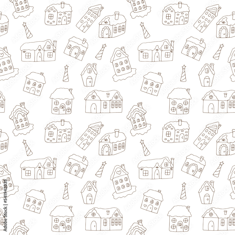 Seamless pattern gingerbread houses vector illustration, hand drawing