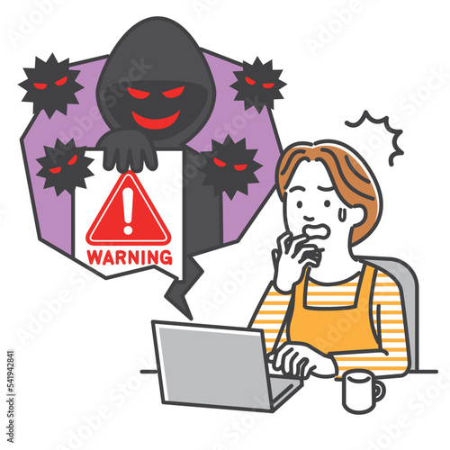 インターネットで詐欺・犯罪の被害にあった主婦のイラストイメージ