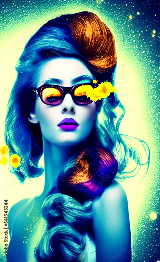 Obraz premium Portrait of a girl with creative makeup and hairstyle. Illustration. Created with the help of artificial intelligence