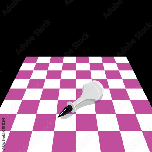 King chess piece lies on pink and white chessboard, defeated king on chessboard, flat vector, concept