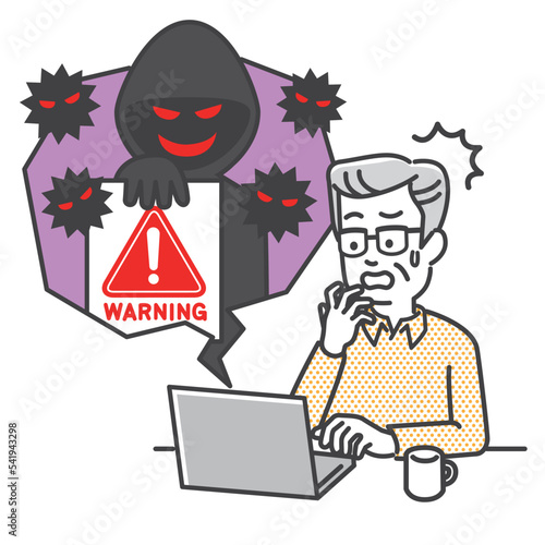 インターネットで詐欺・犯罪の被害にあったシニア男性のイラストイメージ