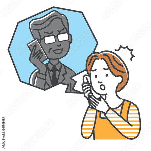 悪質業者や電話詐欺に騙される主婦のイラスト