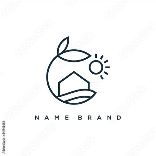 A line art icon logo of a house sun with a leaf circle