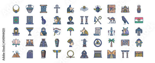 Collection of icons related to Egypt, including icons like Accessories, Mummy, Cat, Eagle and more. vector illustrations, Pixel Perfect set