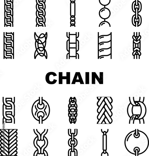 chain metal link icons set vector. link design, golden white, gold abstract, necklace steel, border jewelry chain metal link black contour illustrations