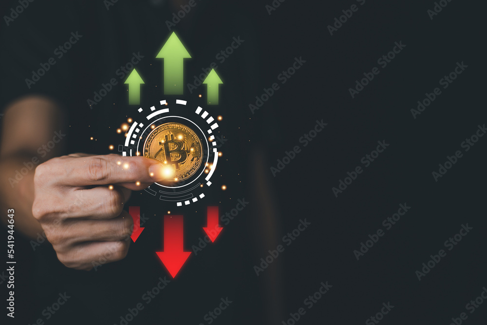 Man hold gold bitcoin with price up and price down. Cryptocurrency blockchain hard fork concept. Exchange and financial profit. Bull Market and bear Market.