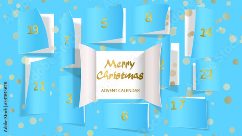 Christmas advent calendar door opening. Realistic an open wide doors on light blue background. Template to reveal a message. Merry Christmas poster concept. Festive vector illustration