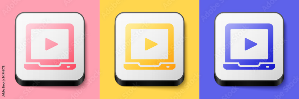 Isometric Online play video icon isolated on pink, yellow and blue background. Laptop and film strip with play sign. Square button. Vector Isometric Online play video icon isolated on pink, yellow and blue background. Laptop and film strip with play sign. Square button. Vector