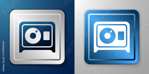 White Safe icon isolated on blue and grey background. The door safe a bank vault with a combination lock. Reliable Data Protection. Silver and blue square button. Vector