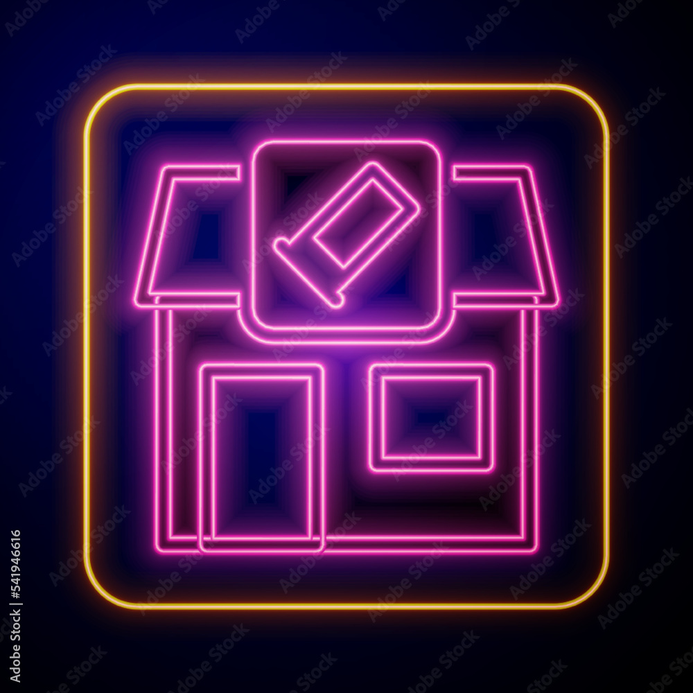 Glowing neon Hunting shop with rifle and gun weapon icon isolated on black background. Supermarket or store with weapon equipment. Vector Glowing neon Hunting shop with rifle and gun weapon icon isolated on black background. Supermarket or store with weapon equipment. Vector