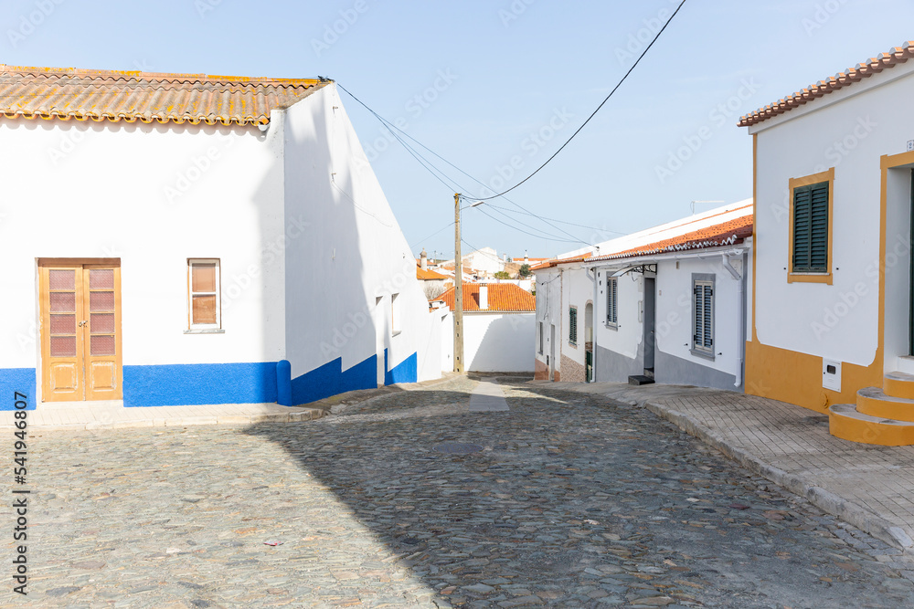 a street with traditional white houses in Ervidel, municipality of Aljustrel, district of Beja, Alentejo, Portugal