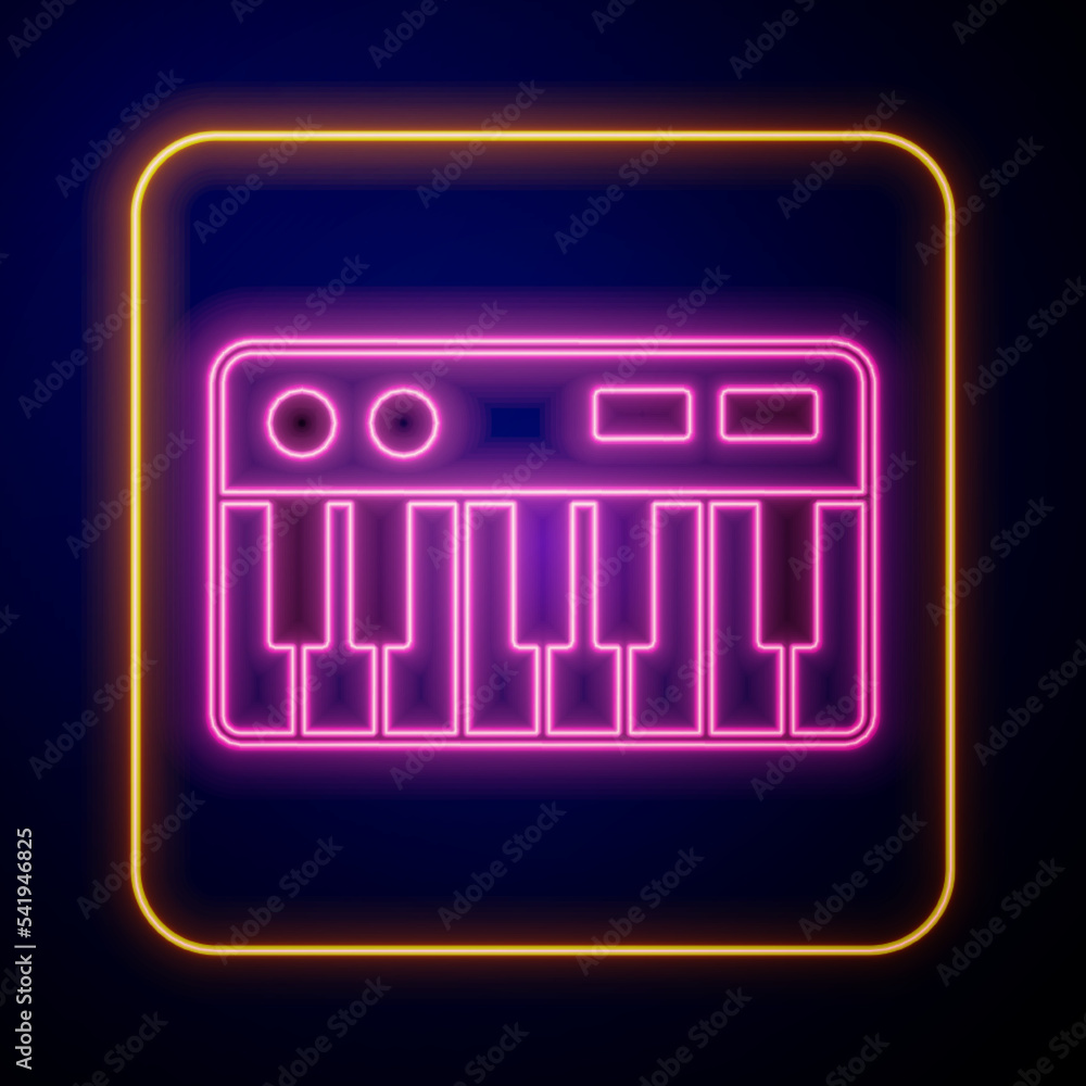 Glowing neon Music synthesizer icon isolated on black background. Electronic piano. Vector