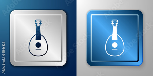 White Traditional musical instrument mandolin icon isolated on blue and grey background. Silver and blue square button. Vector