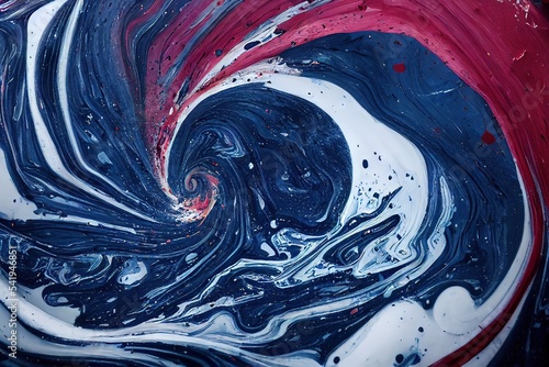 3D rendered computer generated abstract image of red, white, and blue oil paint splatters. Chaotic and messy, colorful, bright, and vibrant wallpaper background