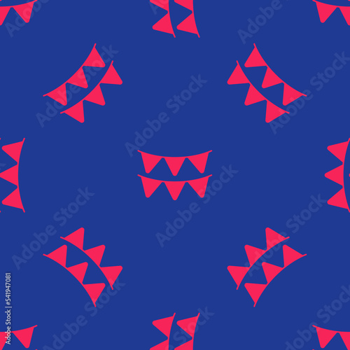 Red Carnival garland with flags icon isolated seamless pattern on blue background. Party pennants for birthday celebration, festival decoration. Vector