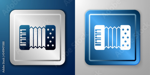 White Musical instrument accordion icon isolated on blue and grey background. Classical bayan, harmonic. Silver and blue square button. Vector