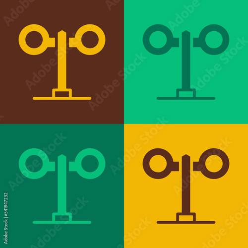 Pop art Train traffic light icon isolated on color background. Traffic lights for the railway to regulate the movement of trains. Vector