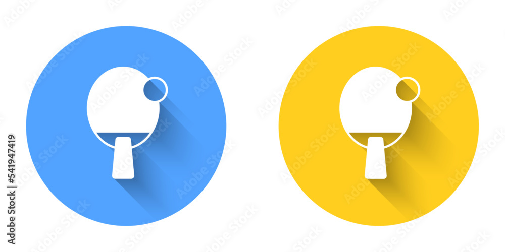 White Racket for playing table tennis icon isolated with long shadow background. Circle button. Vector White Racket for playing table tennis icon isolated with long shadow background. Circle button. Vector