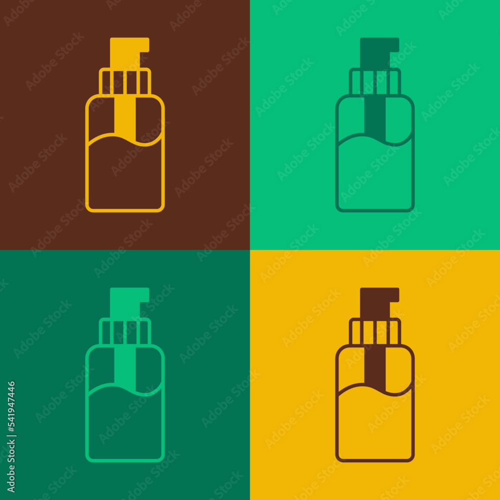 Pop art Bottle of liquid antibacterial soap with dispenser icon isolated on color background. Disinfection, hygiene, skin care concept. Vector Pop art Bottle of liquid antibacterial soap with dispenser icon isolated on color background. Disinfection, hygiene, skin care concept. Vector