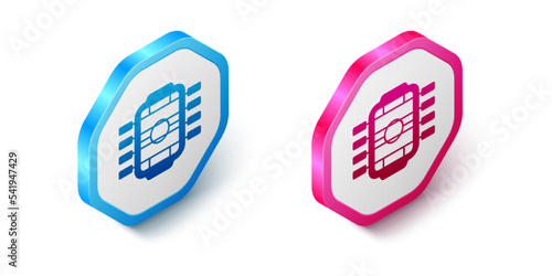 Isometric Table football game hobby or leisure icon isolated on white background. Sport team football players. Hexagon button. Vector