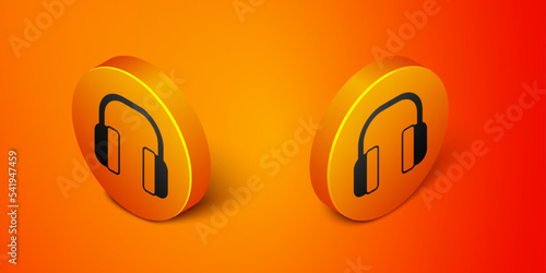 Isometric Noise canceling headphones icon isolated on orange background. Headphones for ear protection from noise. Orange circle button. Vector