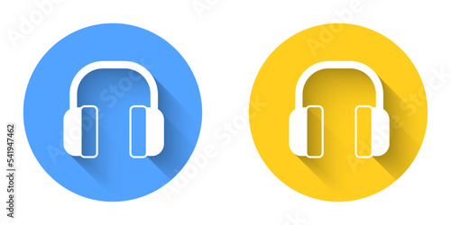 White Noise canceling headphones icon isolated with long shadow background. Headphones for ear protection from noise. Circle button. Vector