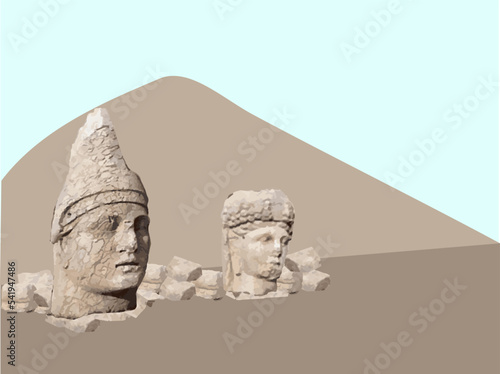 Antique statues on Nemrut Mountain (Nemrut Dagi) vector illustration. Empty or blank copy space for advertisement texts.