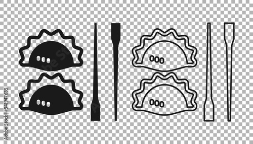 Black Dumpling with chopsticks icon isolated on transparent background. Traditional chinese dish. Vector