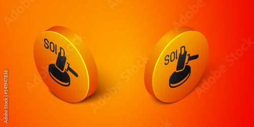 Isometric Auction hammer icon isolated on orange background. Gavel - hammer of judge or auctioneer. Bidding process, deal done. Auction bidding. Orange circle button. Vector