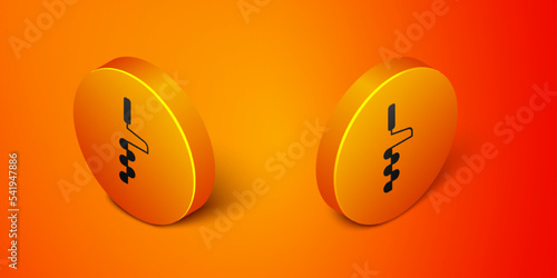 Isometric Hand ice drill for winter fishing icon isolated on orange background. Orange circle button. Vector