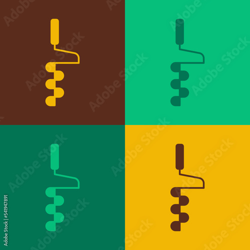 Pop art Hand ice drill for winter fishing icon isolated on color background. Vector
